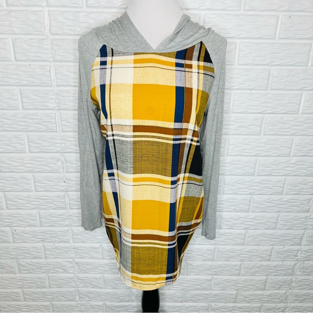 12 PM BY MON AMI Plaid Hoodie Pullover Top Size XL